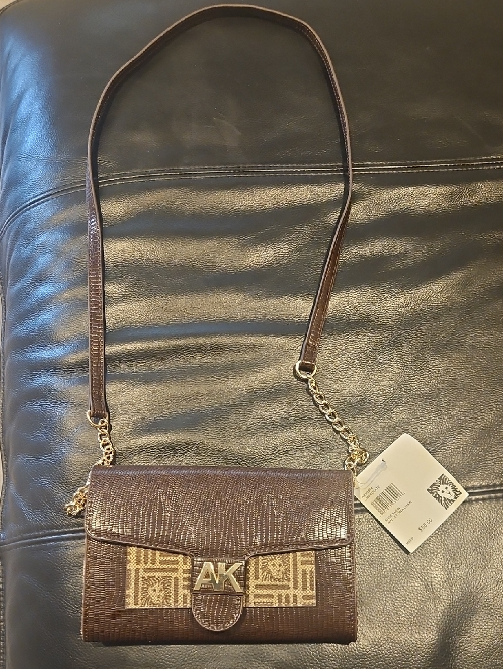NWT Anne Klein Tile Lion Logo Wallet On A Chain Crossbody Bag Brown Gold